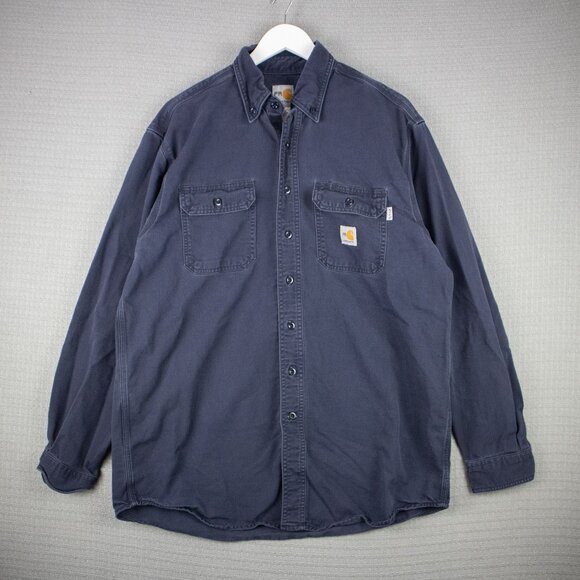 Carhartt FR Navy Button Up Shirt Mens Large FRS160 DNY - Picture 1 of 7